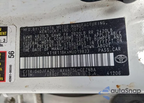 2021 Toyota Camry Le from USA, damaged, VIN 4T1R11BK4MU019833